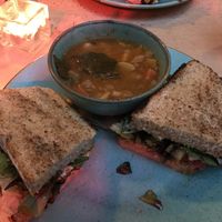 Norwegian Beta soup and Wild mushroom and hazelnut sandwich   at Saramago Cafe Bar in Glasgow