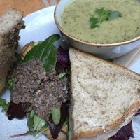 Smoked tofu sammie w/ daily soup at Saramago Cafe Bar in Glasgow