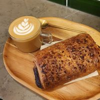 Cortado and pain au chocolat at Nanø Coffee Lab in Mallorca