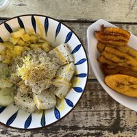 Tofu delight (ask for unbreaded tofu, if vegan) and plantains.   at Playa Forti in Willemstad