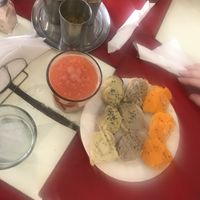 free starter - soup and bread with hummus, carrot and lentil spreads  at Naturaleza Sabia in Buenos Aires