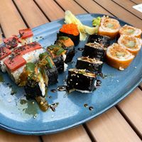 L to R: Ava kaluna, Up in Smoke, Masago caviart nigiri, Unami maki, and cowgirl roll (piece missing from each) at Blue Sushi Sake Grill in Nashville