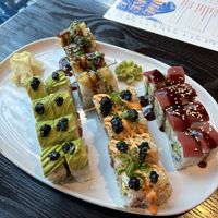 Left to right: Green goddess, Shiitake to me (top), Spicy Avo Kaluna Crunch (bottom), Avo Kaluna Crunch    at Blue Sushi Sake Grill in Nashville