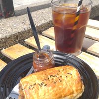 Vegan sausage roll and cold brew at Shoelane Coffee in Dun Laoghaire
