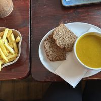 Pumpkin (?) soup with bread and plain chips.  at O'Dwyers The Villa in Waterville