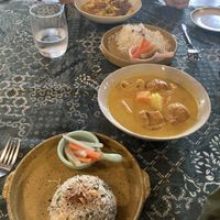 Mushroom and tempeh rendang (back), pineapple/sweet potato curry (which included tofu) in the front   at Pegaga in Langkawi