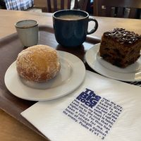 Carrot cake , doughnut & oat latte  at The Big Rock Cafe in Porthmadog