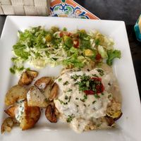 Casserole with Carve (soy meat substitute), salad and potatoes at Anaka in Manizales