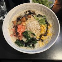 Soy milk broth and edamame   at Goemon Ramen Bar in Brighton