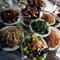 The 5 main dishes of the vegan menu + eggplant, bean curd, vegetables, steamed rice and vegetable rice at Taipei Town in Ayia Napa