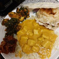 Vegan chicken korma , saag aloo, garlic naan , onion bhaji at Takdhum in Farnborough