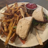 Vege burger with incredible smoked ketchup and sweet potato fries  at G-Zen in Branford