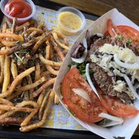 Impossible Burger custom ordered on a salad with Rosemary Fries  at Burgh'ers Brewing in Zelienople