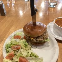 Chicken-fried steak sandwich with garden salad and a cup of chilli    at Vegan & Vine in Phoenix