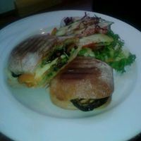 Vegan aubergine, cheese and roasted veg panini at Roots  Fruits and Flowers - Great Western in Glasgow