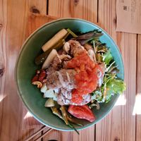 Bowl with deep fried soy meat at ne - Plant-based Cafe & Act in Yakushima