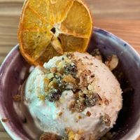 Ice cream with nuts and tankan orange. Made with cashews, coconut oil, beanstalk, maple syrup at ne - Plant-based Cafe & Act in Yakushima