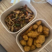 Udon noodle stir fry and chicken nuggets  at Agnista Restaurant - Lagshan Center in Ulaanbaatar