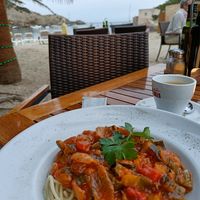 Vegan pasta on request with coffee at Can Jaume Beach Bar in Ibiza