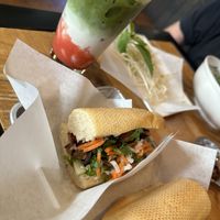 Shiitake Mushroom Banh mi sandwich with strawberry Matcha oat milk latte!  at Ba's Vietnamese Comfort Food in Albany