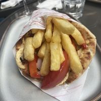 Vegan souvlaki with vegan Quorn sausage, chips and veg 😋   at Nonos in London