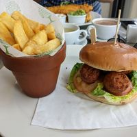 5 falafels on a brioche bun with lettuce & tomato (no sauce or dressing) and chips for £12. The coleslaw cannot be vegan so is left off at Bay View Garden Centre & Restaurant in Carnforth