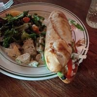 Roasted veggie sandwich with vegan potato salad. Yum! at The Weary Traveler in Madison