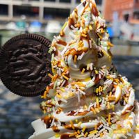 Coffee sauce, sprinkles, and oreo at The Happy Cow in Bristol