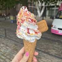 Raspberry sauce and sprinkles  at The Happy Cow in Bristol