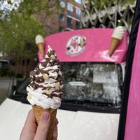 Whippy ice cream cone with hazelnut chocolate sauce and chocolate chips.  at The Happy Cow in Bristol