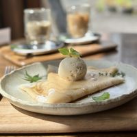 Crepe with soy ice cream, maple syrup, sea salt + vegan butter  at Yasai Cafe Meguri in Nikko