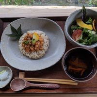 the cheapest lunch set (as of August 2019) 1290 yen at Yasai Cafe Meguri in Nikko