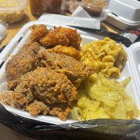 Lemon pepper wings and sweet chili shrimp w/ rice, cabbage, and mac  at B.A.D. Gyal Vegan in Marietta