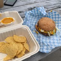 Vegan Smash Burger with Chips and Vegan Queso at Lemon Dogs in Halifax