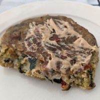 New item in the ready section! Vegan "turkey" fritter. Served with spicy veganaise. at Savoy Cafe and Deli in Santa Barbara