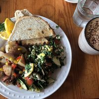 Tofu scramble with hash browns & sourdough toast, and an almond-milk mocha.Yum! at Savoy Cafe and Deli in Santa Barbara