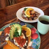 Huevos Rancheros with tofu instead of eggs and no cheese. at Savoy Cafe and Deli in Santa Barbara