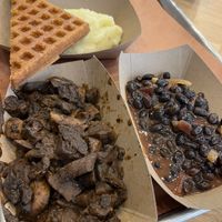 Mushroom BBQ Main Plate with baked beans(?), mashed potatoes, and 1/2 waffle   at Pure Grit BBQ in New York City