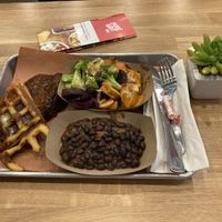 BBQ meat loaf beans veggies and waffle at Pure Grit BBQ in New York City