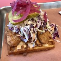 Gf vegan chicken & waffles. Yum!  at Pure Grit BBQ in New York City