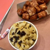Gf/vegan Mac n cheese and tofu bites. Smarties dessert!  at Pure Grit BBQ in New York City
