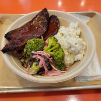 Impossible meatloaf, potato salad, broccoli salad at Pure Grit BBQ in New York City