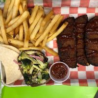 Combo meal: Impossible cutlets, broccoli salad, and fries at Pure Grit BBQ in New York City