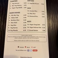 Vegan menu (on the back of the main menu)  at Timur in South East London