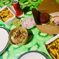 Vegan burger, fancy chips, salad, slaw and mushy peas   at Fancy Chips  in Tramore