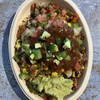 Vegan Tofusada Bowl. No extra charge for avocado. at Pancheros in Apple Valley
