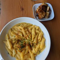 Gluten free Mac and cheese with added BBQ tofu. I thought it could use a bit more flavor but it was good and filling! at Blossoming Lotus in Portland