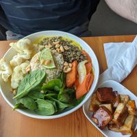 Dragon bowl with added BBQ tofu. Filling, healthy, and tasty at Blossoming Lotus in Portland