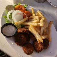 zucchini balls with fries, salad and a garlic dip at Tea for Two in Paphos