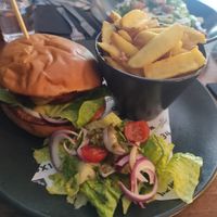 Vegan burger with fries at The Holyrood 9A in Edinburgh